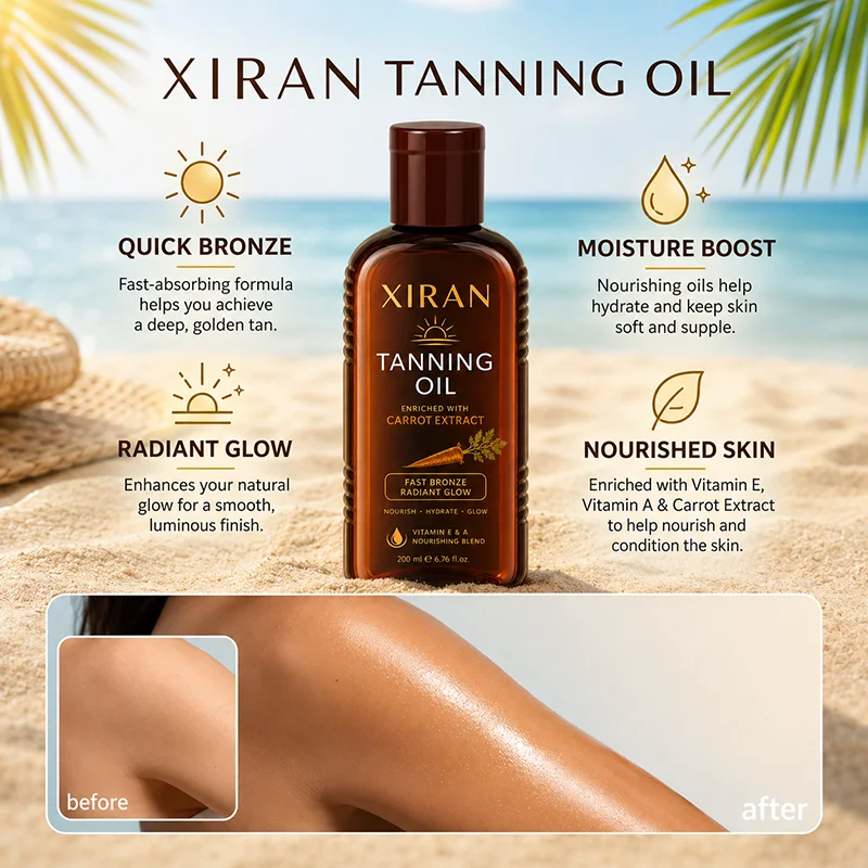Xiran tanning oil bottle on a tropical beach, descriptions highlight quick bronzing, radiant glow, moisture boost, and nourished skin benefits.